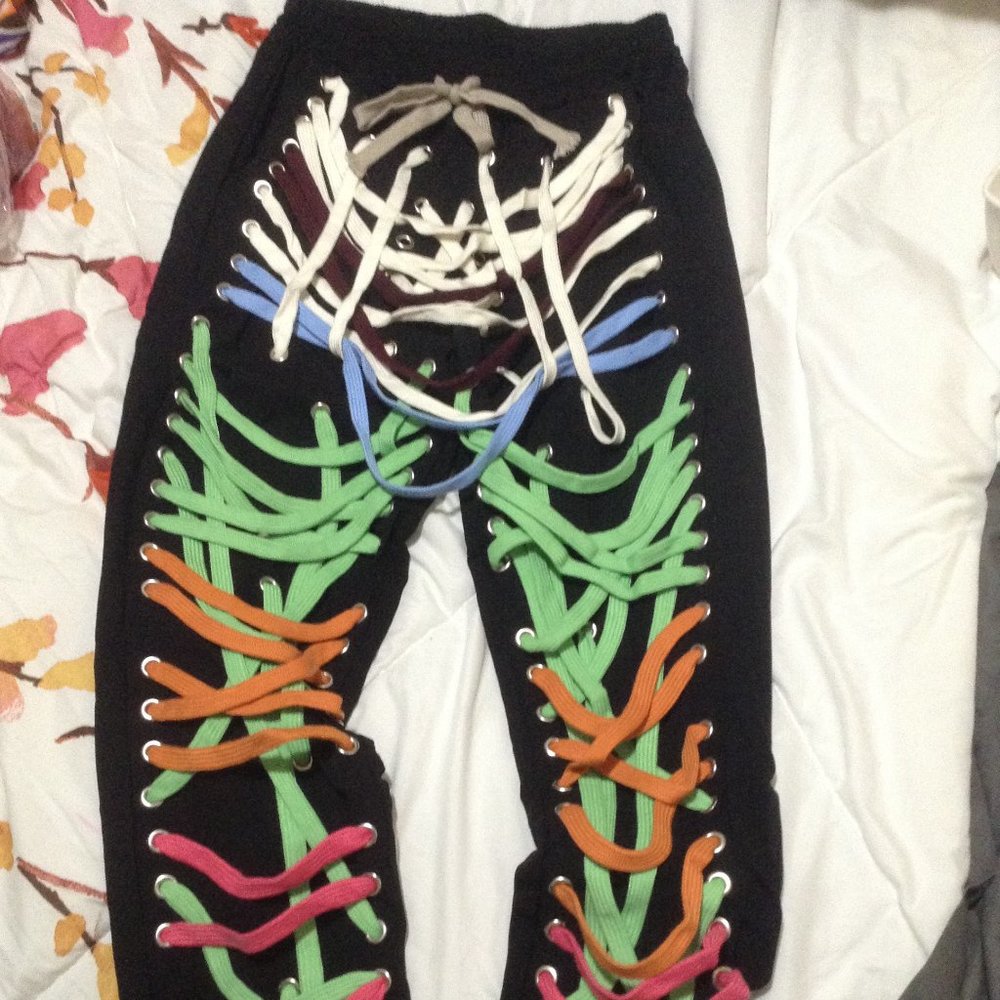 Bright Funky Shoe Lace-detail Design Pants